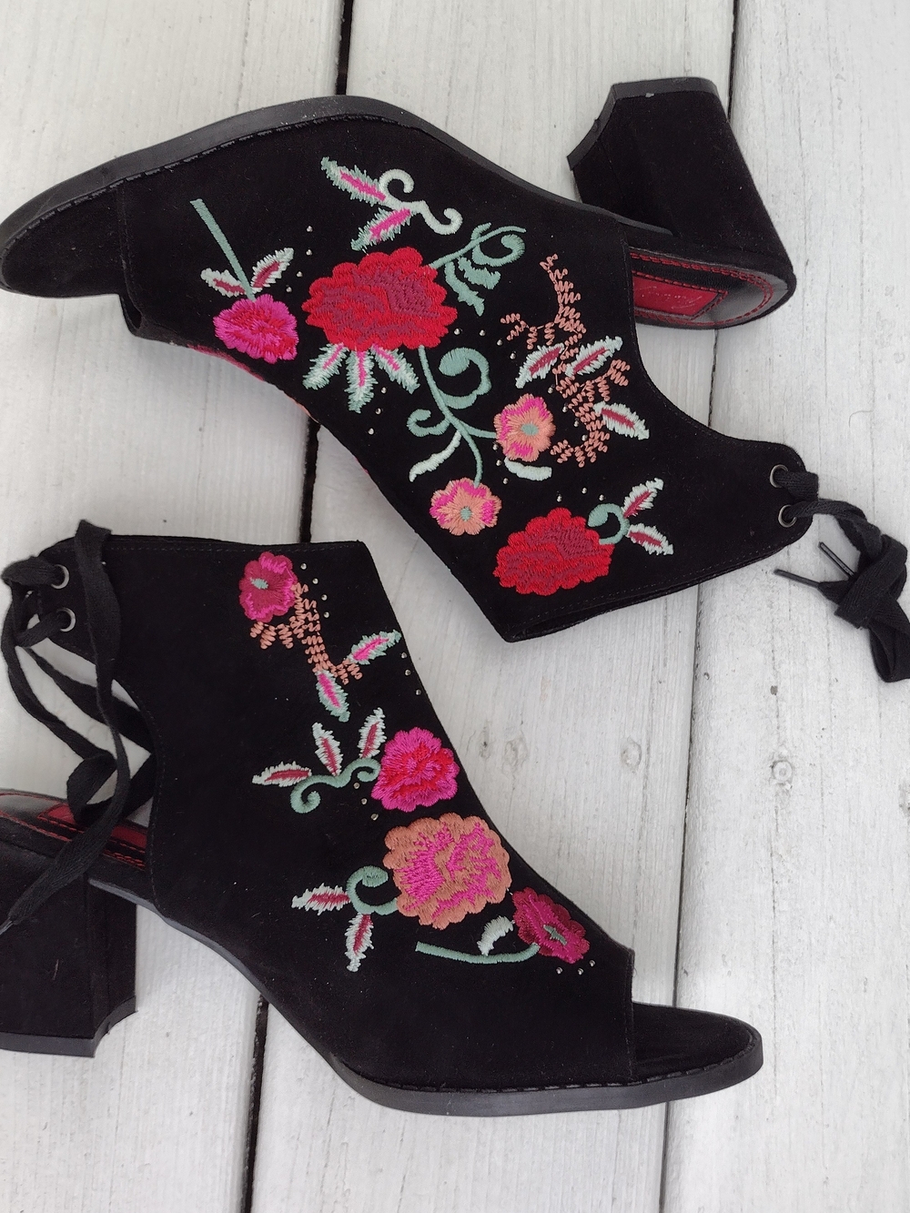 Mari A. Black Open Toe Embroidered Boot Slingback Booties Size 9
